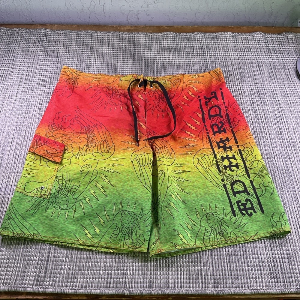 Ed Hardy Mens Rasta Gradient Board Shorts Tattoo Print Swim Trunks XL DS0898